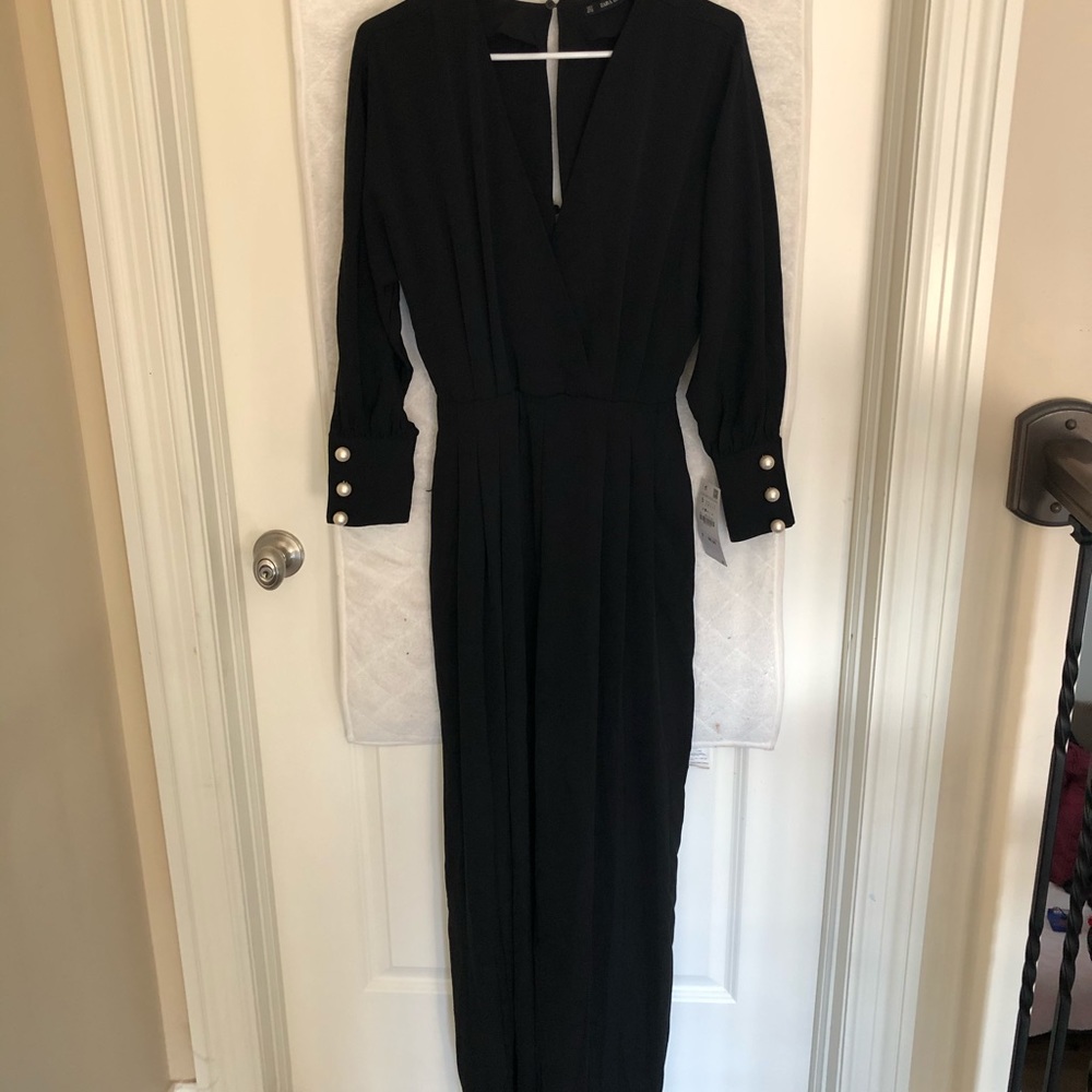 NWT ZARA BLACK CROSSOVER JUMPSUIT WITH FAUX PEARLS - Picture 15 of 15